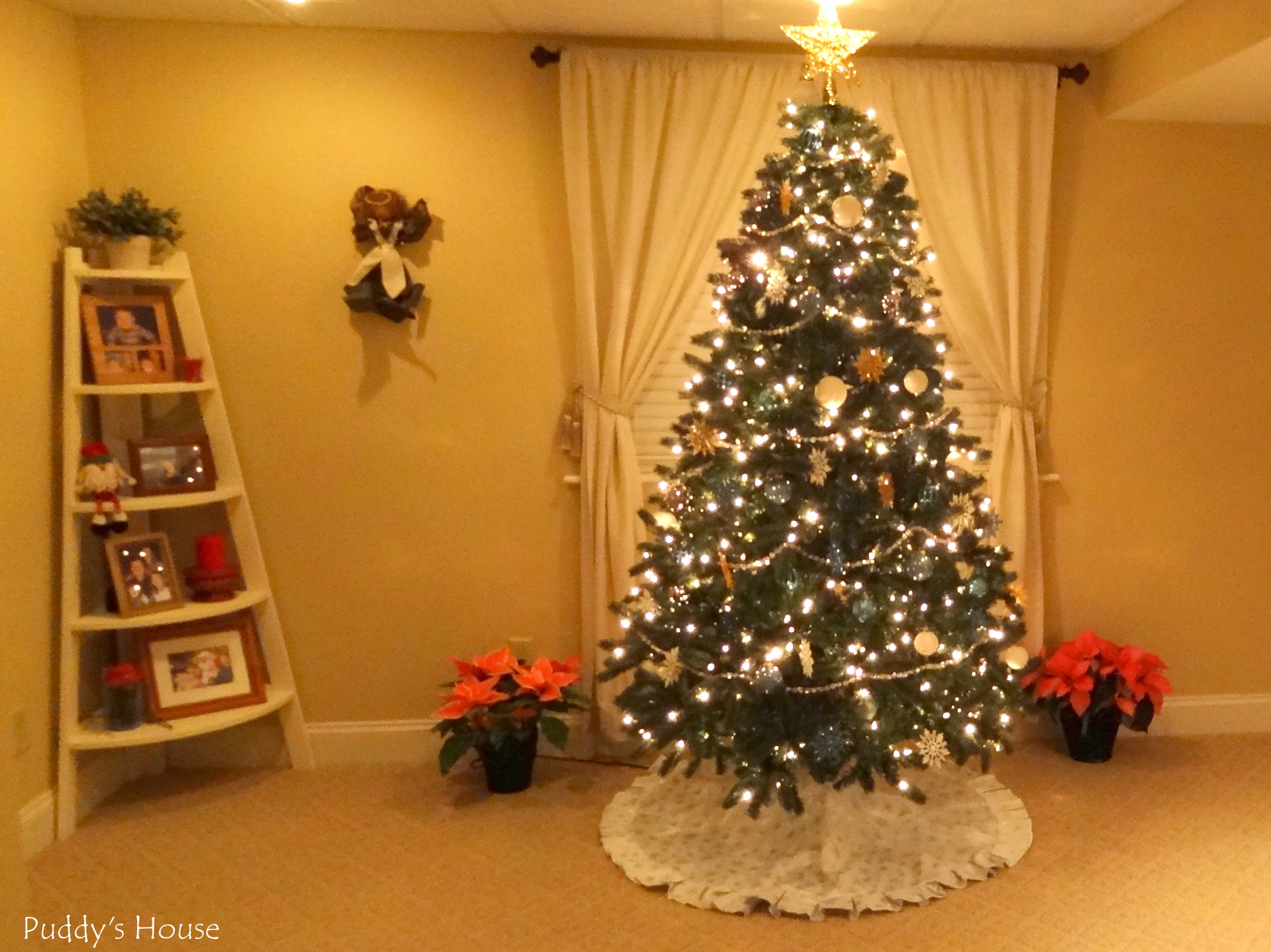 ChristmasBasement Tree with Christmas Shelves and Angel Puddy's House
