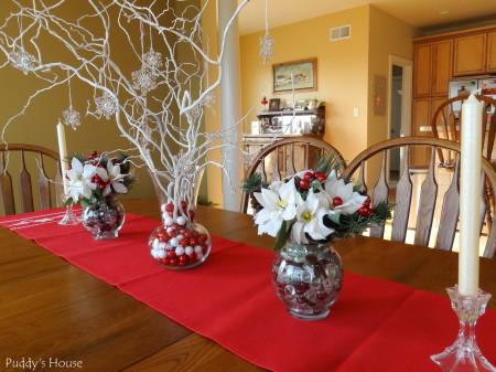 Christmas - DIY Centerpieces-Sprayed Branches with snowflakes-poinsettias-and-candlesticks