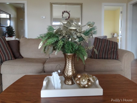 Christmas - Greens in Spraypainted vase-ornaments- wreath on mirror-foyer-tree-in-background