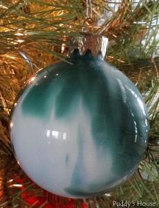 DIY Christmas Ornaments - Green and White Swirled paint in glass ornament