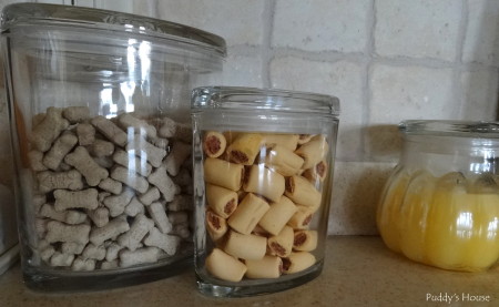 Dog supply organization - new treat jar on kitchen counter