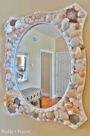 DIY Seashell Mirror - after pic in living room