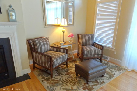 Living Room Reveal - corner with chairs ottoman and rug